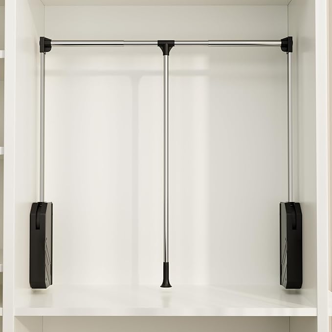 Pull Down Closet Rod 33-47 Inches Adjustable - Stainless Steel Soft-Close Wardrobe Lift Rail with Two-Way Buffering, Space-Saving Back Mount Closet Organizer