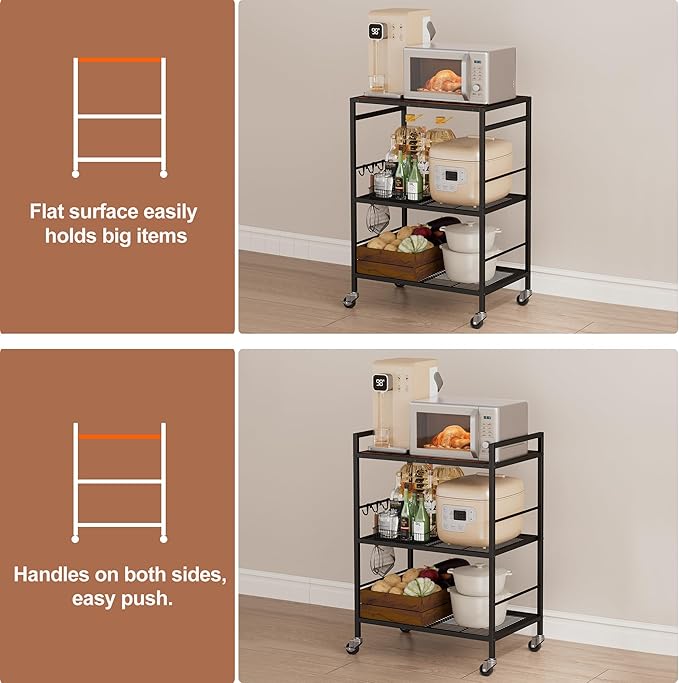 3-Tier Kitchen Cart with Adjustable Shelves - Microwave Storage Cart & Utility Rolling Organizer, Industrial Wheels for Small Spaces, 15.7"x23.6"x33.7" Kitchen Office Living Room Metal Rack