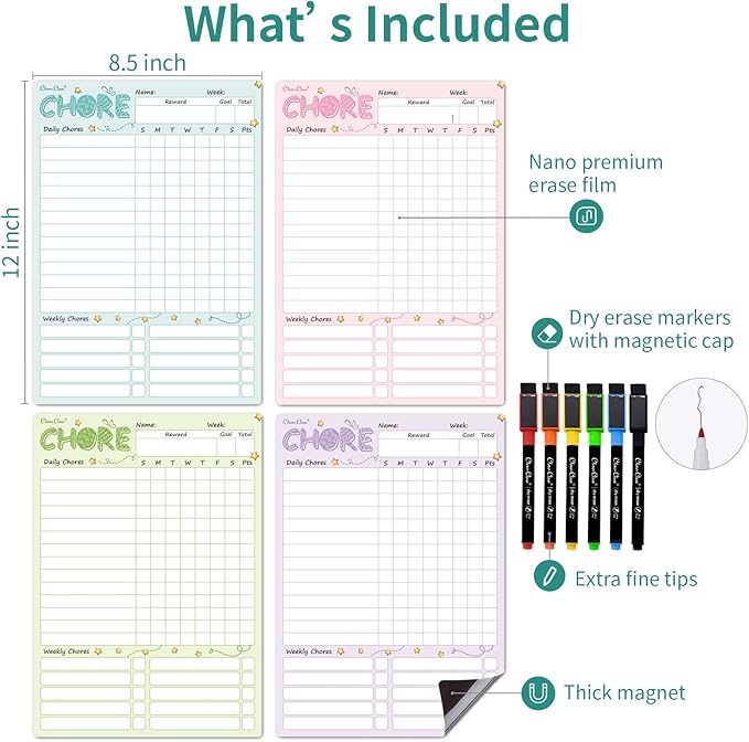 Magnetic Dry Erase Chore Chart - 8.5"x12" Behavior Responsibility Chore Board for Kids, Teenagers - 6 Extra Fine Point Markers Included - Shipped Flat 4 Pcs
