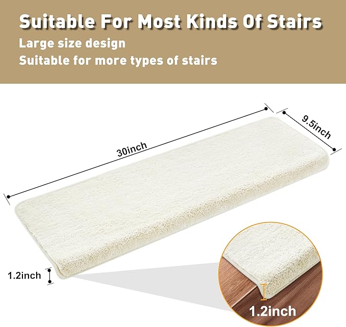 PURE ERA Carpet Stair Treads Ultra Plush 9.5" X 30"Soft Bullnose Indoor Stair Protectors Pet-Friendly Non-Slip Skid Resistant Tape Free Washable Reusable(7 Pieces,White)
