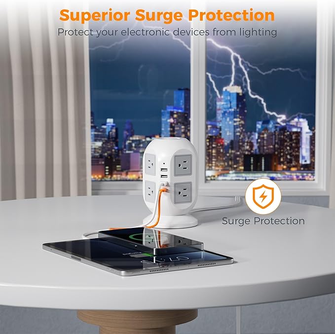 Tower Surge Protector Power Strip 15 ft, TESSAN Long Flat Extension Cord with Multiple Outlets, 8 AC Outlets with 4 USB Ports (1 USB C), Charging Station with Surge Protection, for Home Office Dorm