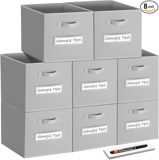 artsdi Fabric storage cubes (8 Pack) 11 Inch Cube Storage Bin, cube organizer bins with 8 Labels Window Cards & a Pen, Foldable cube organizer bins and Storage Box, Light Grey