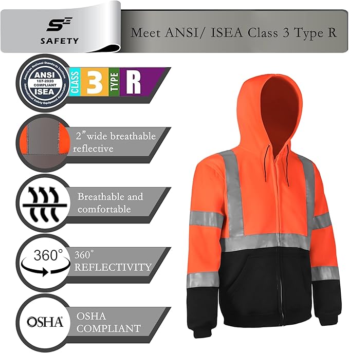 sesafety High Visibility Safety Sweatshirt for Men, Class 3 Reflective Zippered Hooded Sweatshirt, Hi-Vis Safety Hoodie with Black Bottom
