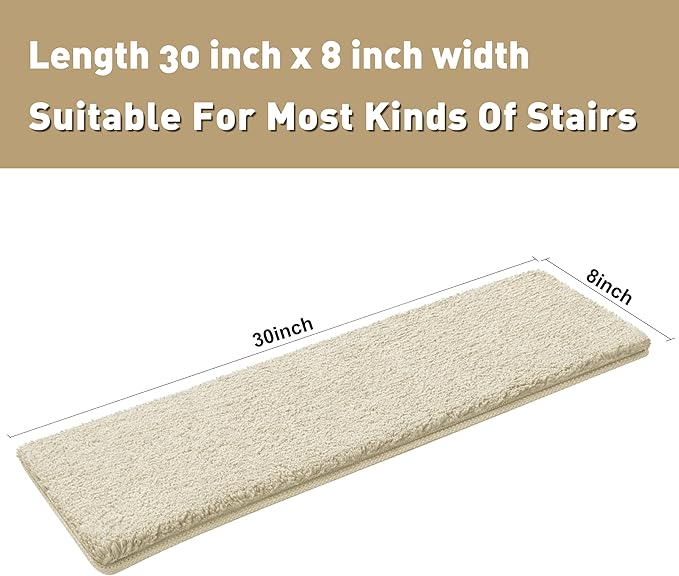 PURE ERA Carpet Stair Treads Ultra Plush 8 x 30 inch Soft Indoor Stair Protectors Pet-Friendly Non-Slip Skid Resistant Tape Free Washable Reusable(7 Pieces,Beige)