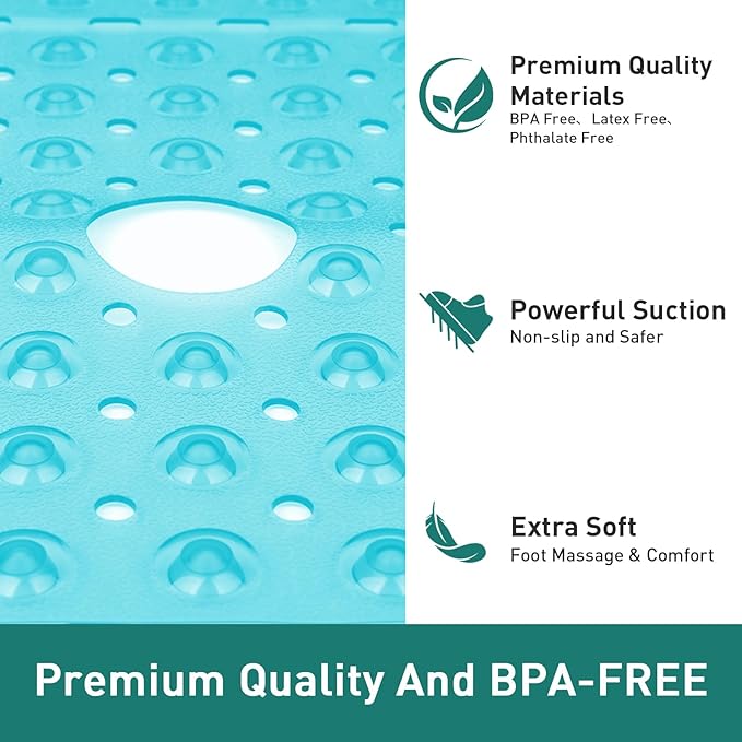 Large Square Shower Mat 27 x 27 Inch Clear Green, Non Slip Shower Bathtub Mats for Inside Shower with Big Suction Cups Drain Holes, Anti Slip Bathroom Floor Stall Mats, Easy Clean, BPA-Free