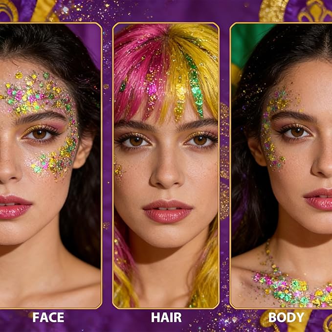 Mysense Mardi Gras Face Hair Body Glitter Stick,Mardi Gras Outfit for Women,Purple Green Gold Glitter Makeup,Festival Party Rave Accessories Sparkling Chunky Glitter