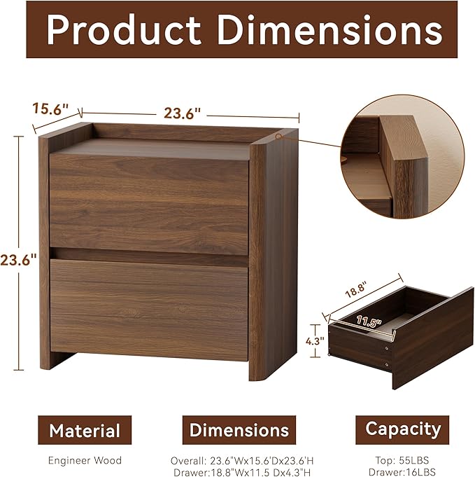 Nightstand with 2 Storage Drawer, Modern End Table for Bedroom with Cut-Out Handle, Large Night Stands for Bedroom, Home Office, Set of 1, Walnut