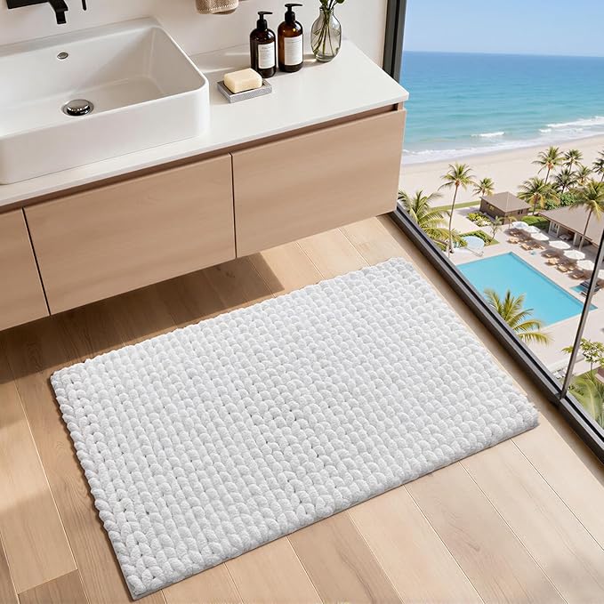 LUMI Luxury Bathroom Rug, Ultra Soft Quick Dry Bath Mat, Non-Slip Absorbent Thick Chenille Bath Rug, Cozy Braid Design Floor Mat for Bathtub, Sink, Laundry, Bedroom, White, 24"x43"