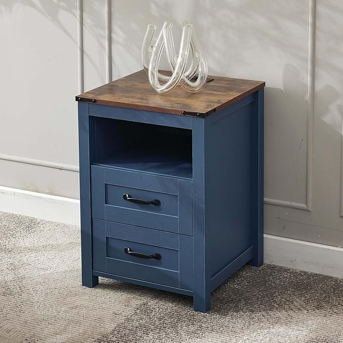 Blue Night Stand Set of 2, Rustic End Table with Charging Station, Farmhouse Tall Nightstand for Bedroom, Drawer Dresser Bedside Table with Open Storage Shelf