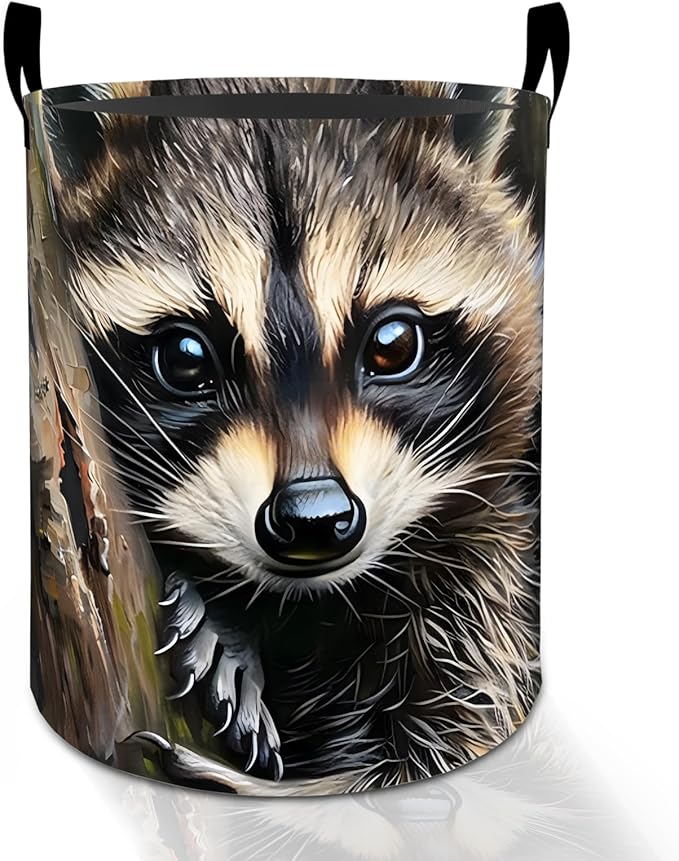 Cute Raccoon Laundry Basket Hamper for Boys Girls Kids Adults, Foldable Waterproof Oxford Clothes Storage Bin, Animal Forest Organizer for Bedroom Bathroom Room Decor 19.7"x15.8"