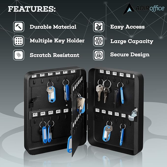 AdirOffice Key Lock Box – 48 Key Hooks Wall Mounted Key Cabinet Lock Box, Car Keys Holder Box, Lockable Key Storage Box - Metal Key Box Organizer with for Home and Office