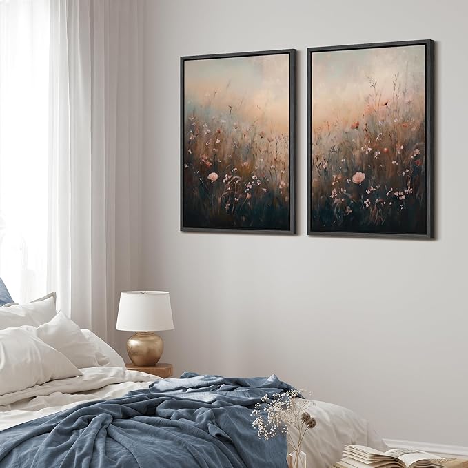 MUDECOR Framed Canvas Print Wall Art Forest and Lake Landscape Vintage Nature Scenery Illustrations Modern Art Decorative Bohemian Chic for Living Room, Bedroom, Office - 24"x36"x2 Black