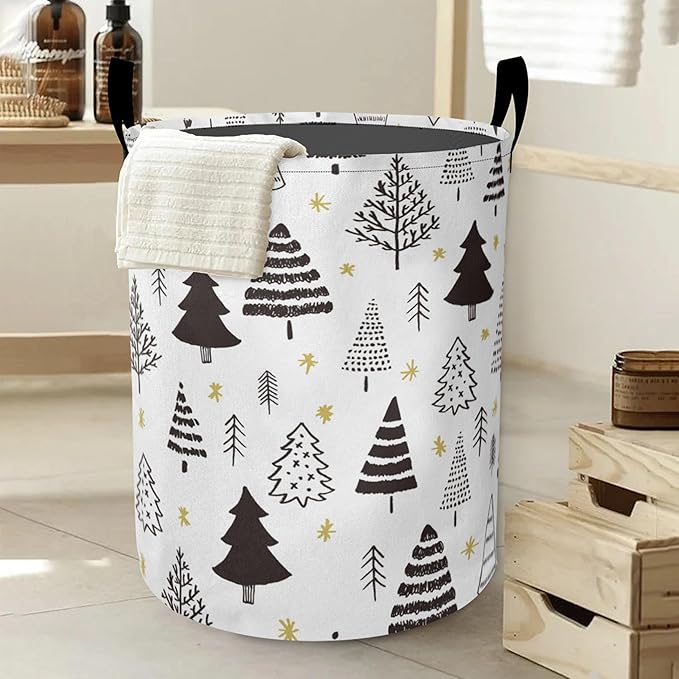 Black White Christmas Tree Laundry Basket-Large Foldable Hamper Holder Portable Tall Collapsible Laundry Hamper Storage Basket Bin with Handles, Canvas & Waterproof lining for Household Items