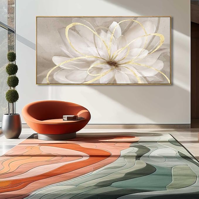SOUGUAN Room Decor Large Canvas Wall Art Living Room Decor Gold Wall Decor Line Picture Artwork White Floral Wall Decor Modern Painting for Bathroom Bedroom Office 30x60 Inches