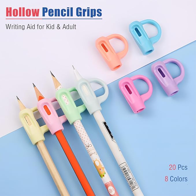 Ergonomic Pencil Grips 20 Pcs with 1 Finger Ring, 8 Colors Pencil Holders for Kids Handwriting, Hollow Pencil Grippers for Adults Writing Aid, Silicone Pencil Cushion, Gel Pen Grips