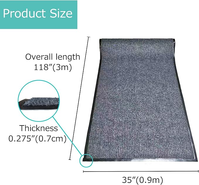 ITINA Door Mat About W3' x L10' Large Outdoor Indoor Mat Waterproof Rubber Back Rugs for Home Office Business Areas Grey-Black