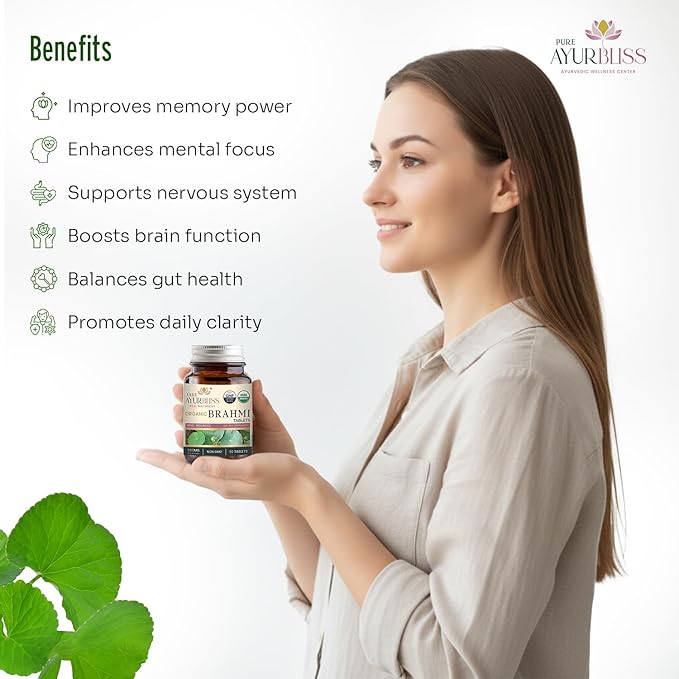 100% Organic Brahmi Tablets with Bacopa monnieri Extract, Ayurvedic Cognitive Support for Memory, Focus, and Mental Clarity, Herbal Brain Health Formula - 90 Count