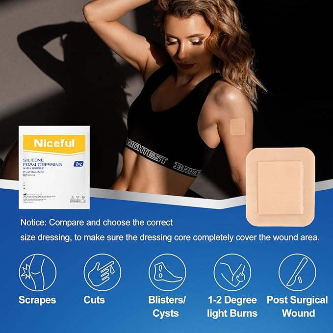 20 Count Silicone Foam Dressing Gentle Border 2 x 2 inch, Absorbent Silicone Bandages for Wounds, Waterproof Bed Sore Bandages Wound Dressing