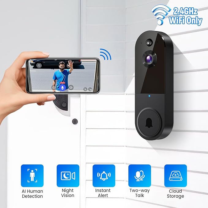 1080p Wireless Video Doorbell Camera with Indoor Receiver, AI Human Detection, 2-Way Audio, Night Vision, Cloud Storage, Real-Time Alerts, Smart Home Protection (Black)