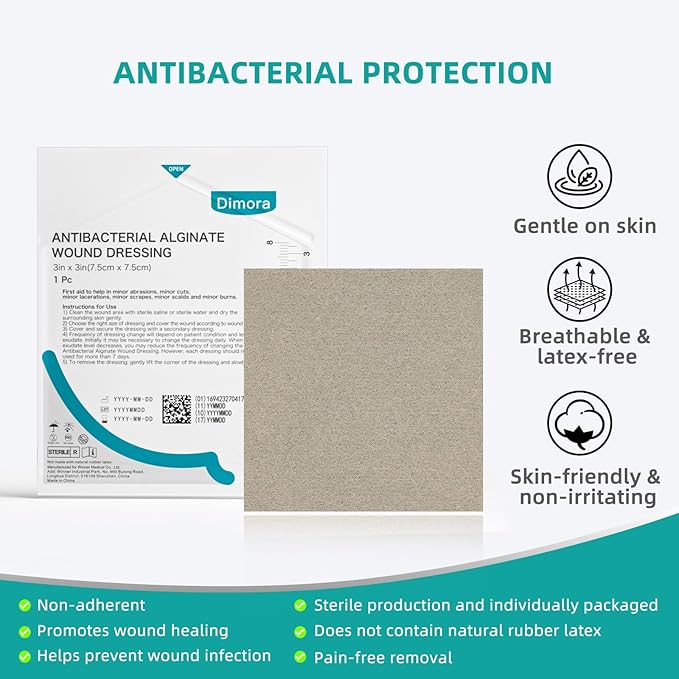 Dimora Upgrade Silver Calcium Alginate Wound Dressing -Antibacterial Non Stick Gauze for Wounds Care, Highly Absorbent Sterile Bandage Pads with Ag, 3'' x 3'' Patches 12 Packs Individual