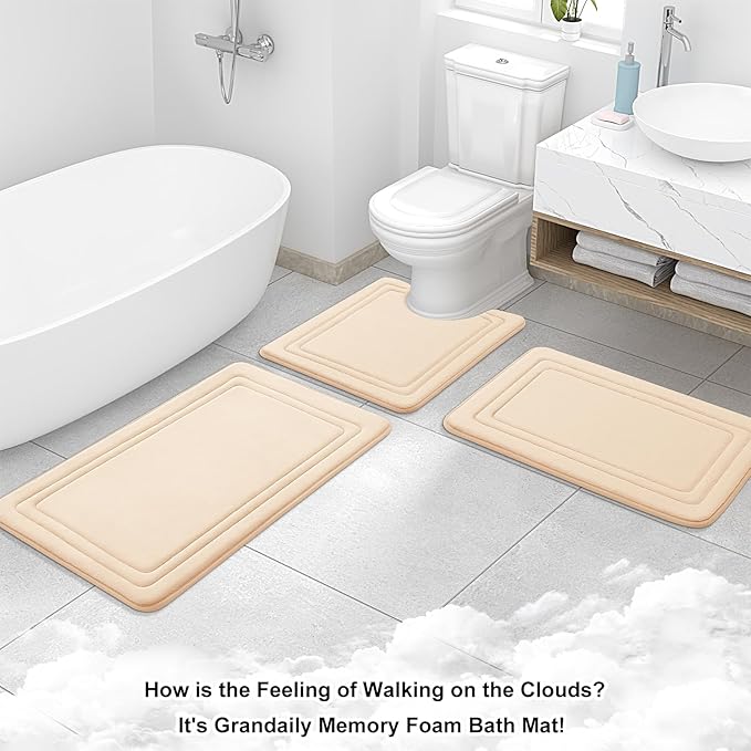 Grandaily Memory Foam Bath Mat Rug 30x20, Ultra Soft, Non-Slip and Absorbent Bathroom Rugs, Machine Wash Dry, Comfortable Bath Carpet for Bathroom Floor, Tub and Shower, Beige