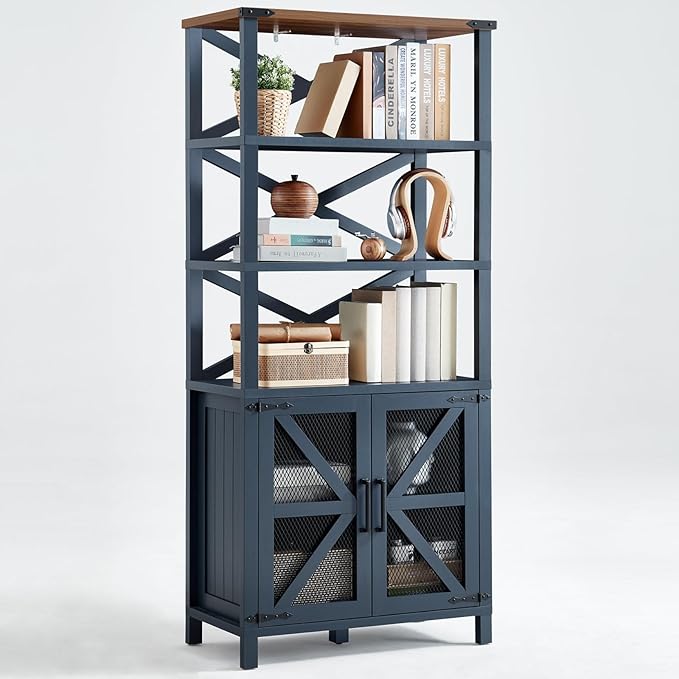 5 Tier Bookshelf 70" Tall Bookcase with Barn Doors,Large Farmhouse Display Book Shelf with Adjustable Shelves and Storage Cabinet,Wood Bookshelves for Living Room,Kitchen,Navy Blue(2PCS)
