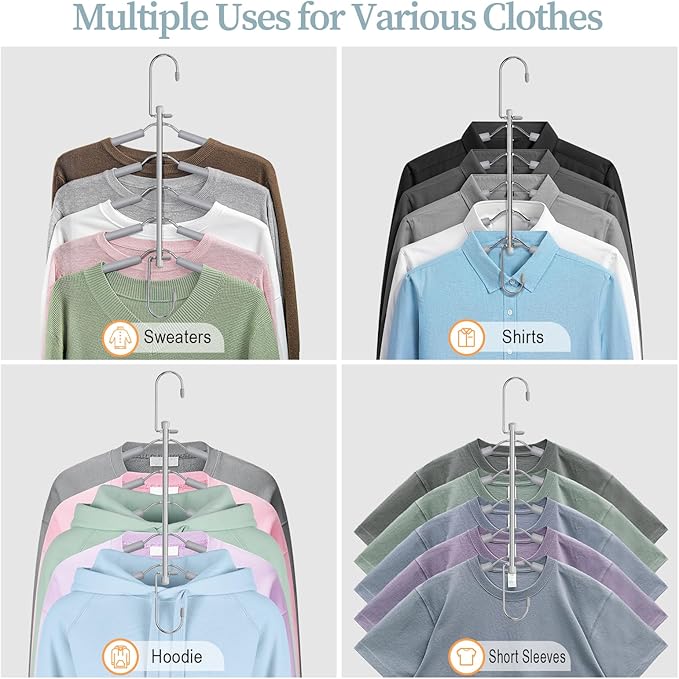 Clothes Hangers Space Saving Shirt Organizer, Non Slip Multi Shirt Hangers for Closet with Foam Padded Closet Organizers and Storage for Sweater Hoodie Blouse Coat Dress Short Grey 4 Pack
