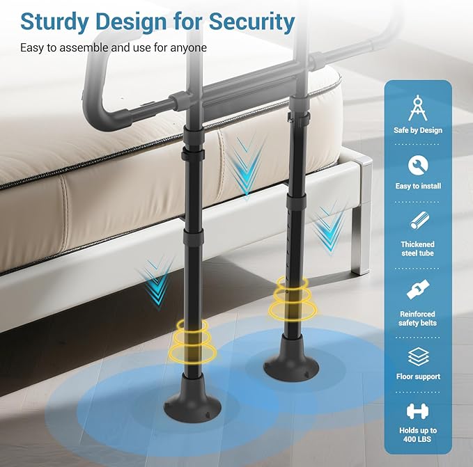 Bed Rails for Elderly Adults Safety:Adjustable Bedside Assist Rails with Storage Pockets,400LB Gravity Capacity, Non-Slip Handle, Sensor Night Light & Storage Pocket – Bed Cane & Handrail for Seniors
