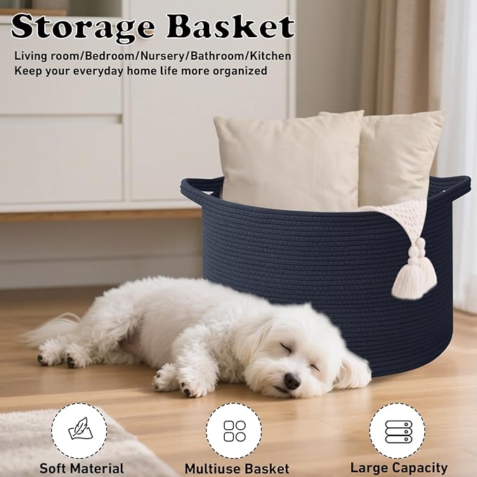 Large Storage Basket with Handle,19.7"L x 19.7"W x 13"H Blanket Basket Storage Bins for Organizing,65L Cotton Rope Woven Baskets for Living Room, Nursery,Bedroom,Dark Blue