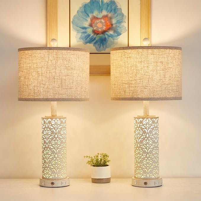 26" Set of 2 Farmhouse Table Lamp, 3-Way Dimmable Touch Control with Nightlight, 2 USB Ports + AC Outlet Vintage Rustic Bedside Lamp for Living Room Bedroom and Nightstand (White-2 Pack)