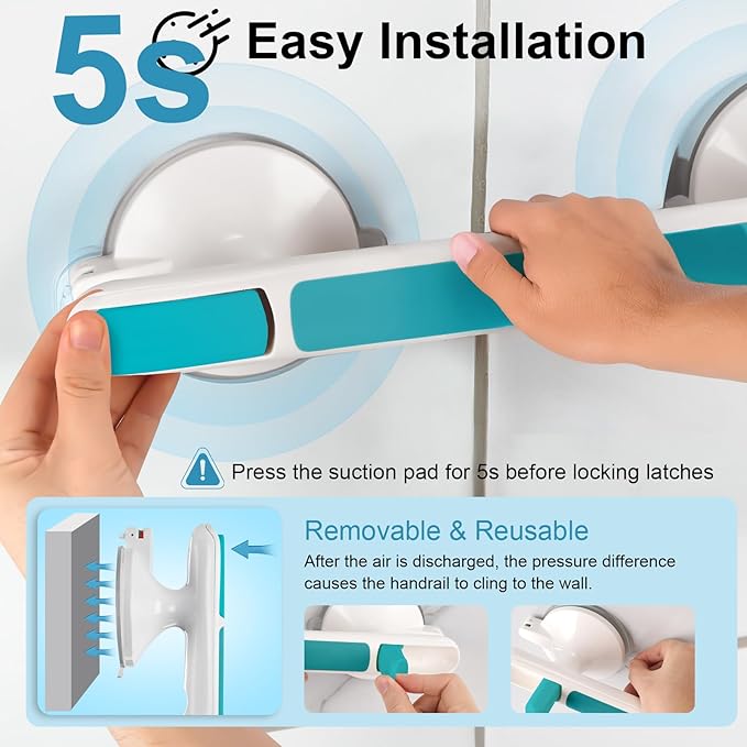 Showers Bathtubs Grab Bars, Suction Cup Handle with Pressure Indicator, Anti Slip Grip, Heavy Duty Safety Rail, Tool-Free Easy Install on Tile Glass Metal Wall Surface (Blue)