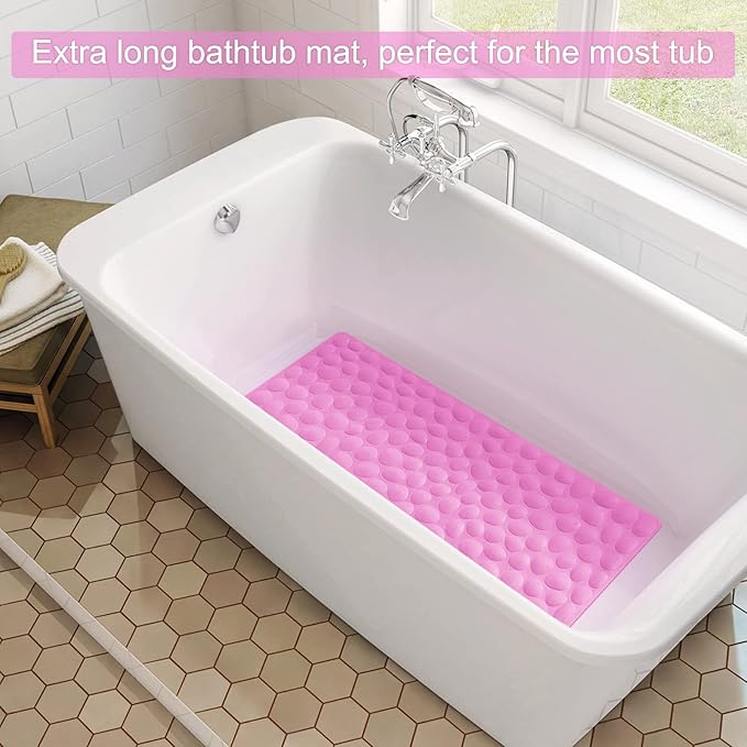 Non-Slip Bathtub Mat OTHWAY Soft Rubber Bathroom Bathmat with Strong Suction Cups (Pink, 16x40 inch)