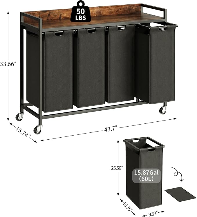 Laundry Hamper with Shelf, Laundry Basket 4 Section, Laundry Sorter with Pull-Out Removable Large Bags and Movable Wheels, Metal Frame, 4 x 15.87 Gallons (60L), Rustic Brown + Black PF07XLY