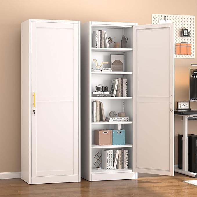 67" Metal Storage Cabinet with Lock, Tall Narrow Office File Cabinets with 5 Adjustable Shelves, Metal Steel Locker for Home, School, Office, Garage or Gym (White)