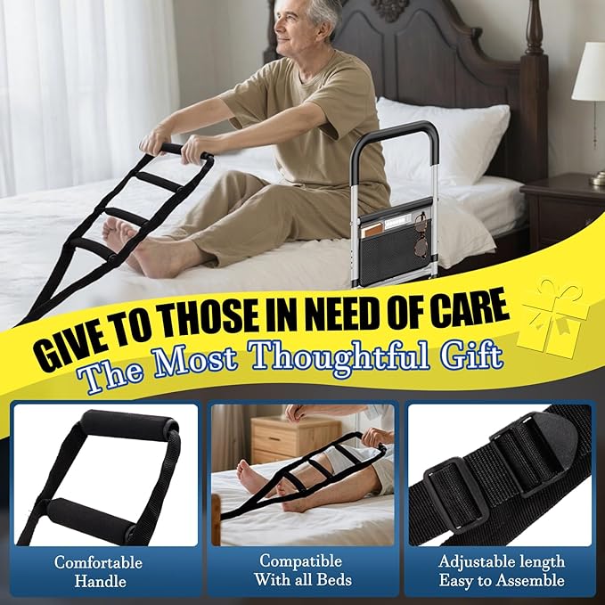 Bed Rails for Elderly Adults Safety,ASTM Approved Adjustable Bed Assist Rails For Seniors,Anti-Slip Ergonomic Handle,440lb Weight Capacity,Comes with storage bag,Night sensor light & Bed Ladder Assist