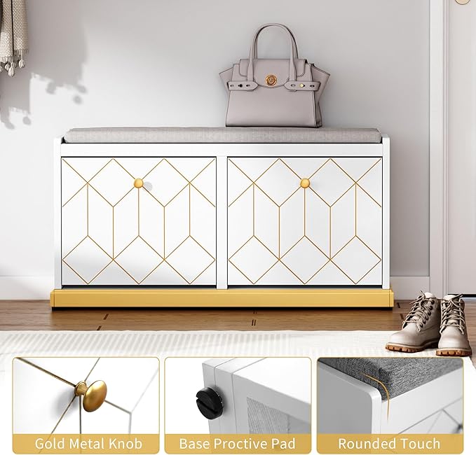 HLR Shoe Bench with Storage, Modern Entryway Bench with 2 Flip Drawer & Padded Cushion Seat, Shoes Storage Bench for Hallway, Closet, Living Room, White Shoe Storage Cabinet with Bench