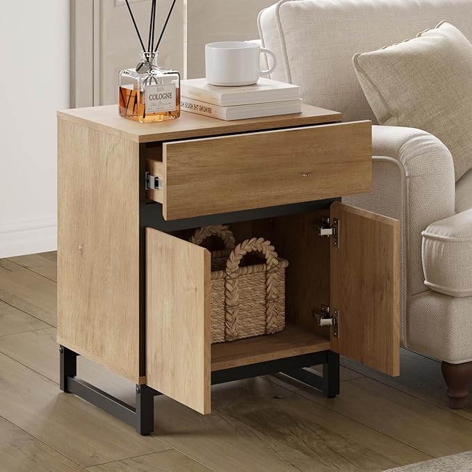 WAMPAT 2 Pack Modern End Table with 1 Drawer & 1 Storage Cabinet, Farmhouse Sofa Table with 2 Open Door, Wood Rustic Side End Table for Living Room, Nighstand for Bedroom, Oak