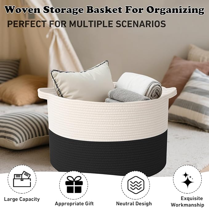 Large Storage Basket with Handle,19.7" L x 19.7" W x 13" H Blanket Basket Storage Bins for Organizing,65L Cotton Rope Woven Baskets for Living Room, Nursery ,Bedroom,White&Black