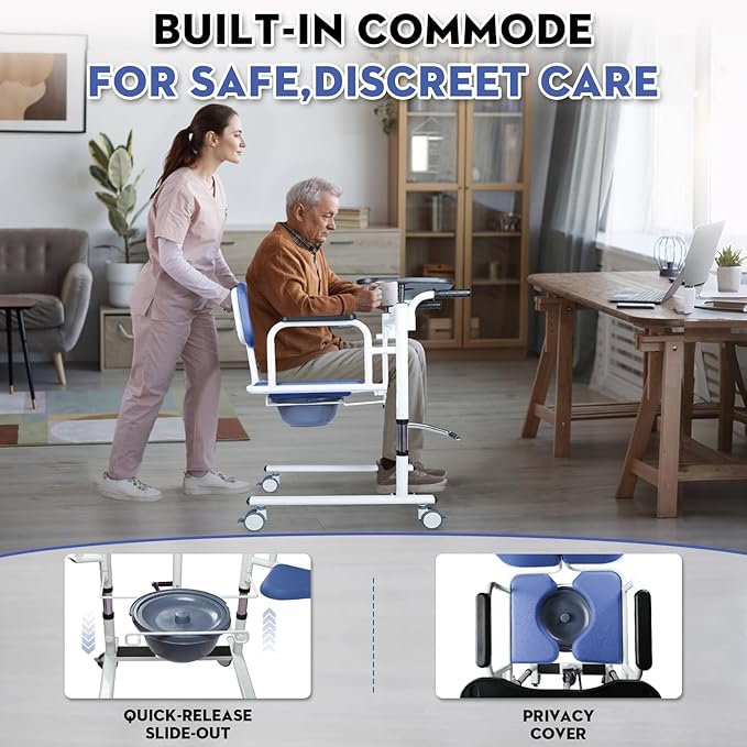 Drexo Patient Lift Transfer Chair, 5 in 1 Patient Lift Chair with 180°Split Seat, Height Adjustable Patient Transfer Chair with 4 Casters for Home Seniors Elderly, Load 450Lbs (Non-Fold, Blue)