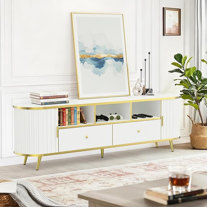 70 inch Fluted TV Stand, Luxury Modern TV Console & Media Entertainment Center for Living Room with Curved Profile, 2 Drawers, Storage Cabinet, and LED Lights, White, Holds TVs Up to 80"