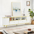 70 inch Fluted TV Stand, Luxury Modern TV Console & Media Entertainment Center for Living Room with Curved Profile, 2 Drawers, Storage Cabinet, and LED Lights, White, Holds TVs Up to 80"