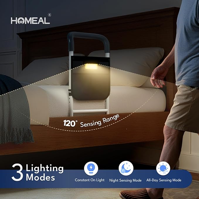 HOMEAL Bed Rails for Elderly Adults Safety - Adjustable Bedside Assist Rails for Seniors with Sensor Light, Portable Bed Cane with Non-Slip Handle & Fixing Strap, Fit Standard & Adjustable Bed(Grey)