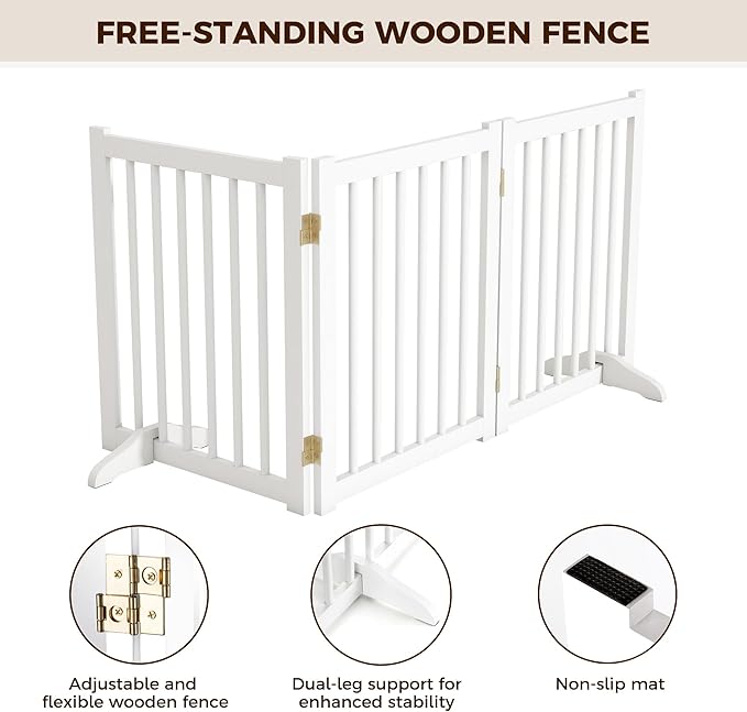 Indoor Dog Gate,Wooden Freestanding Dog Gate for Stairs or Doorways-3 Panels 24" - Folding Solid Wood Safety Pet Fence with 2 Support Feet-White Color