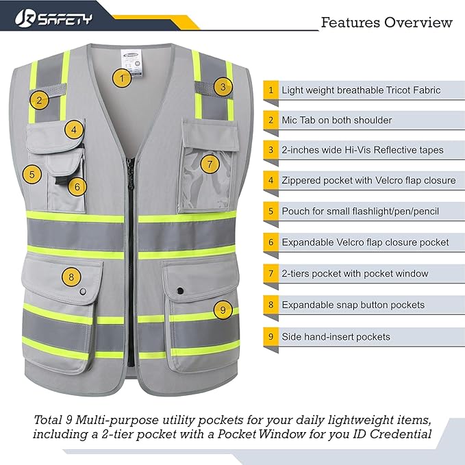 JKSafety 9 Pockets Hi-Vis Fluorescent Color Zipper Front Safety Vest with Neon Color Extended Yellow Trims for Men and Women Work Safety Utility (901-Grey M)