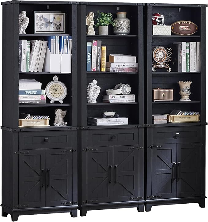 72in Tall Bookshelf 7 Tier Bookcase with Drawer and Barn Doors and Adjustable Shelves, Black Farmhouse Book Shelf with Storage Cabinet, Wood Freestanding Display Bookshelves for Kitchen (3PCS)