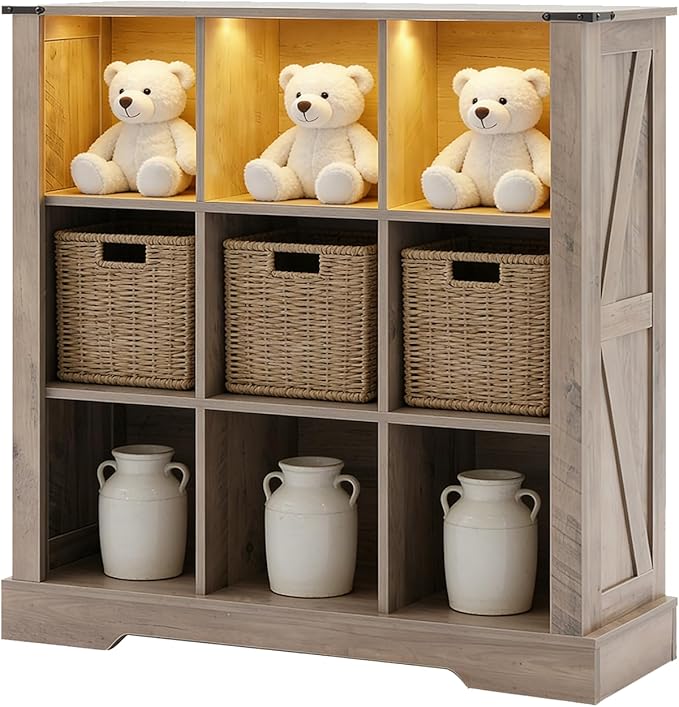 9 Cube Bookcase, Wooden Cube Storage Organizer Shelf, Brown Horizontal Book Shelf with LED Lights, Freestanding Display Cabinet for Living Room, Hallway TV Stand for Entryway