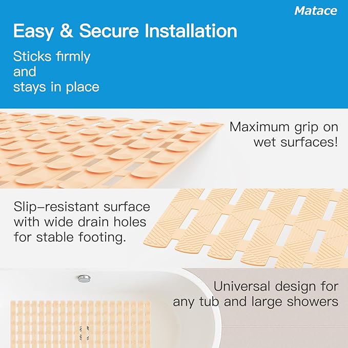 Bathtub Mat Non Slip - for Inside Bath Tub & Shower, Small 27x16 Inch, 180 Strong Suction Cups, Soft Textured Surface, Fast Drain & Quick Dry, Bathroom Safety Mat, Beige, Matace