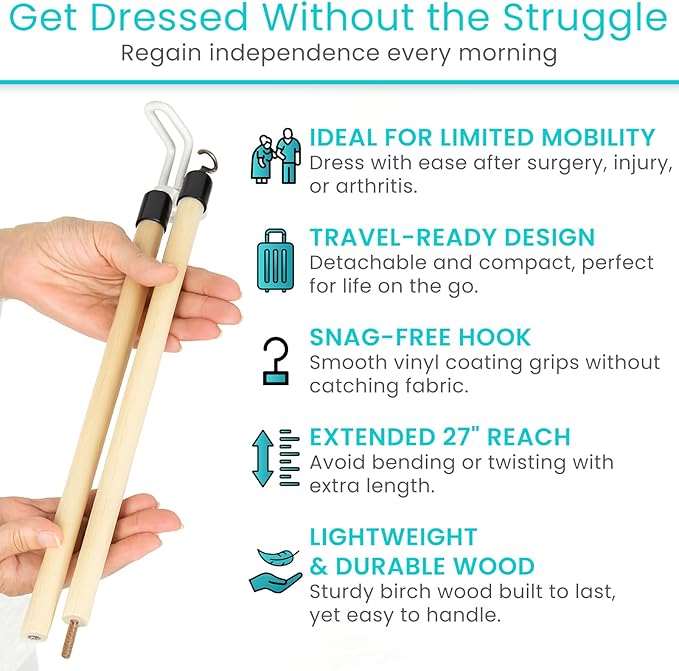 Vive Dressing Stick for Elderly (27”) - with Zipper Puller & Sock Remover Tool - Aid for Pants - Accessories for Daily Living, Assistant Device No Bending for Seniors - After Shoulder Surgery Helper