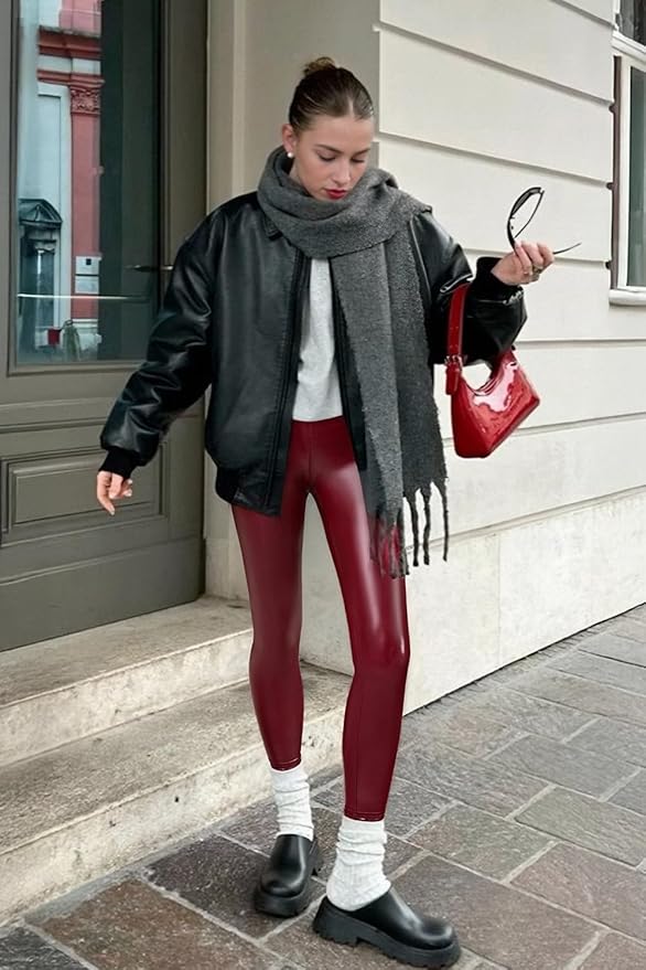 Ginasy Faux Leather Leggings for Women Tummy Control Stretch High Waist Pleather Pants with Thin Fleece Lined