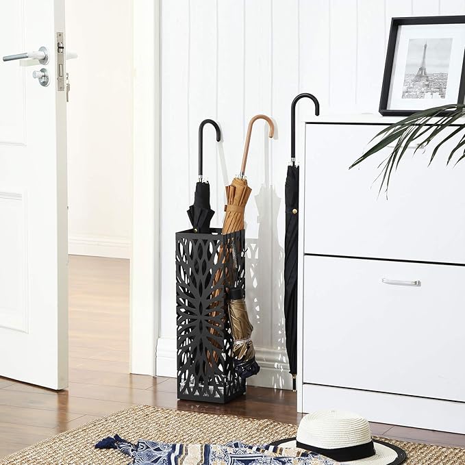 SONGMICS Umbrella Stand, Umbrella Holder for Entryway, Steel Square Umbrella Rack Organizer Freestanding, for Canes Walking Sticks, with a Detachable Drip Tray, 4 Hooks, Black ULUC48B